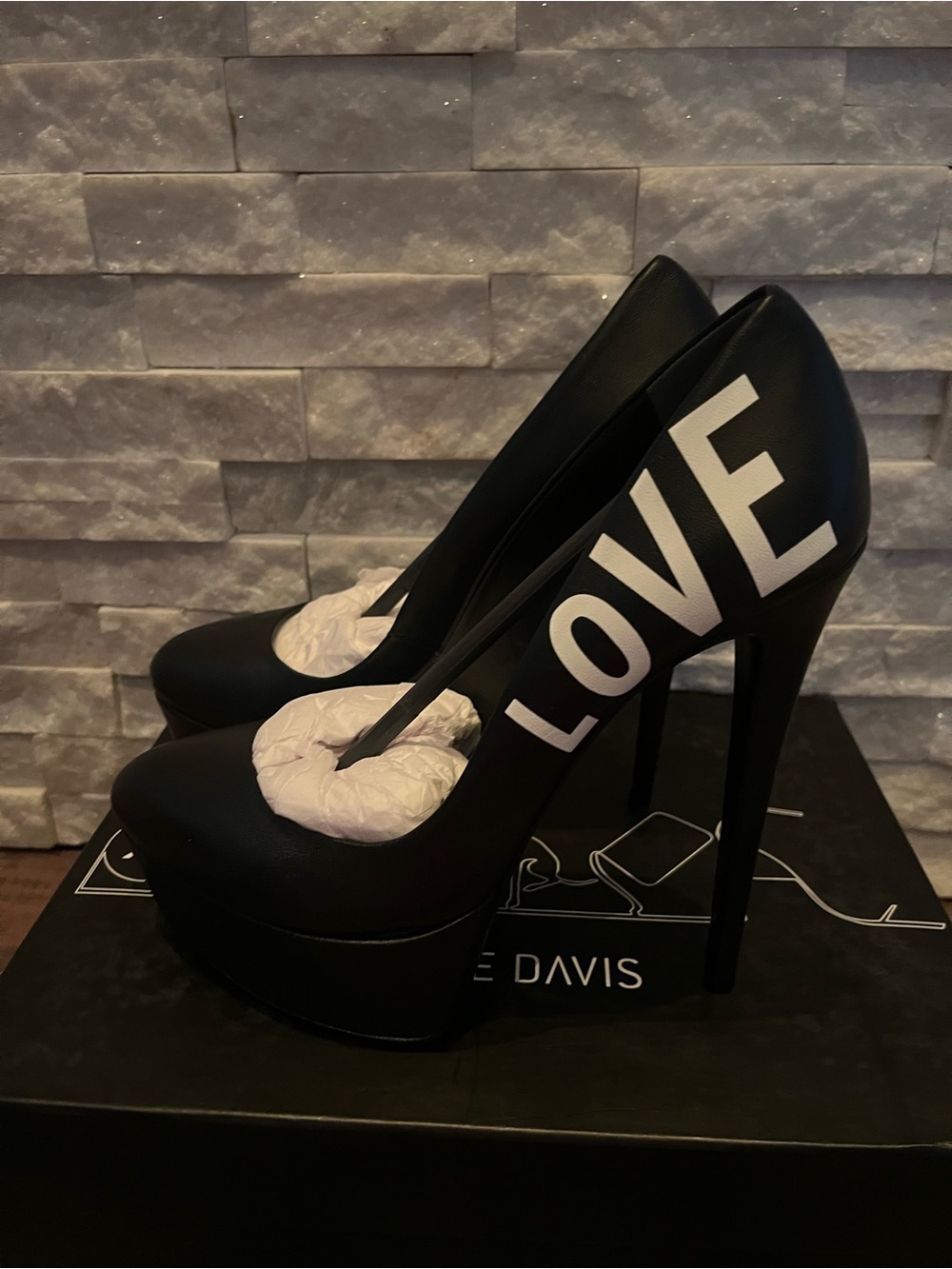 Ruthie Davis Black Pumps with White LOVE Graphic